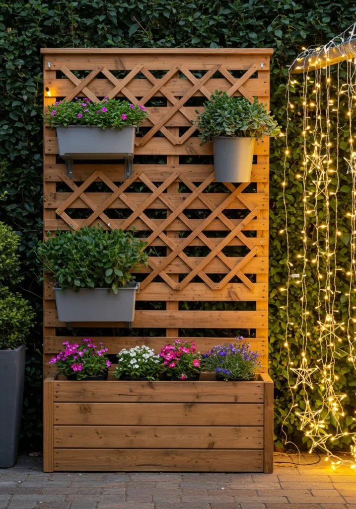 Wooden Slat Wall with Built-in Planters